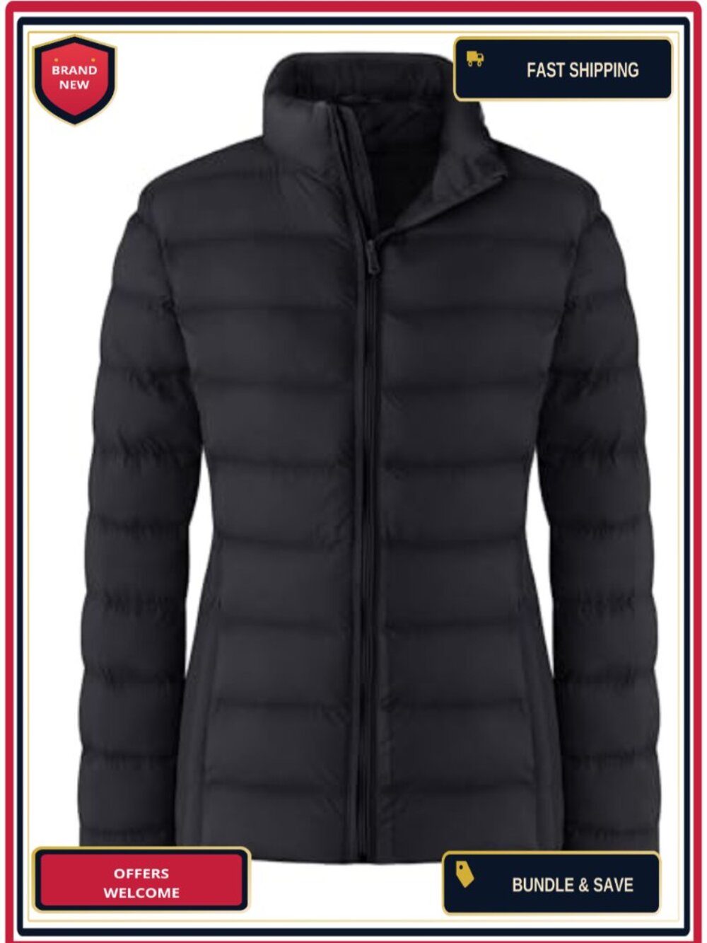Packable Puffer Jacket Windproof Lightweight Quilted Winter Coat Band Collar